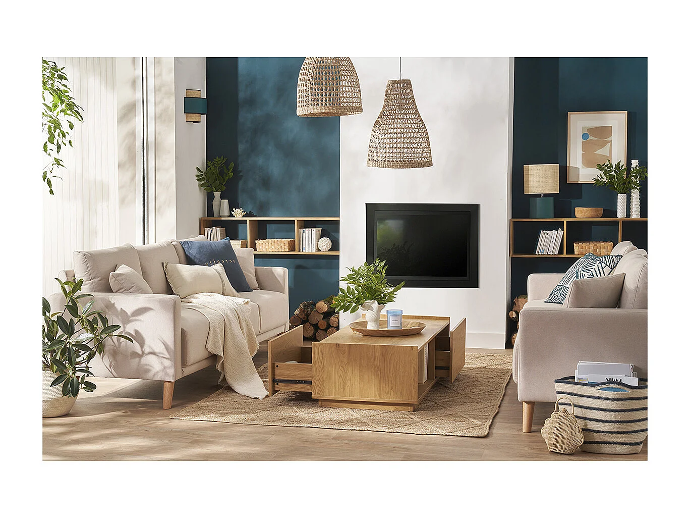 Table basse rectangulaire avec rangements 2 tiroirs finition bois clair chêne L120 cm MADERO