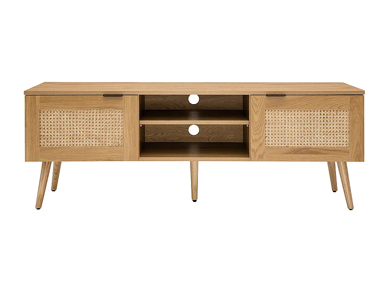 Mueble TV de madera clara, mimbre y metal negro con 2 puertas 140 cm MANILLE