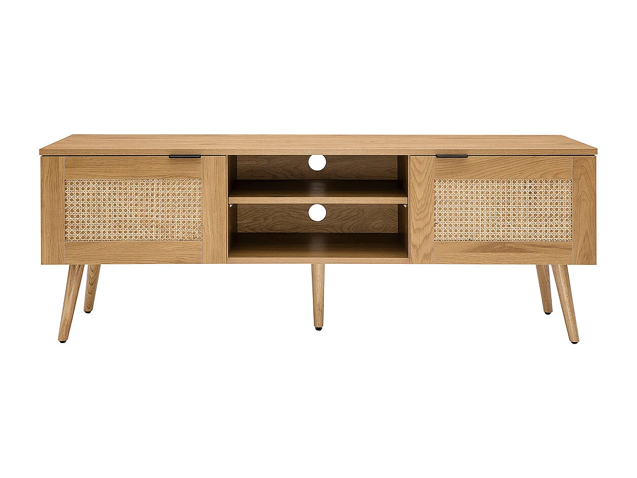Mueble TV de madera clara, mimbre y metal negro con 2 puertas 140 cm MANILLE