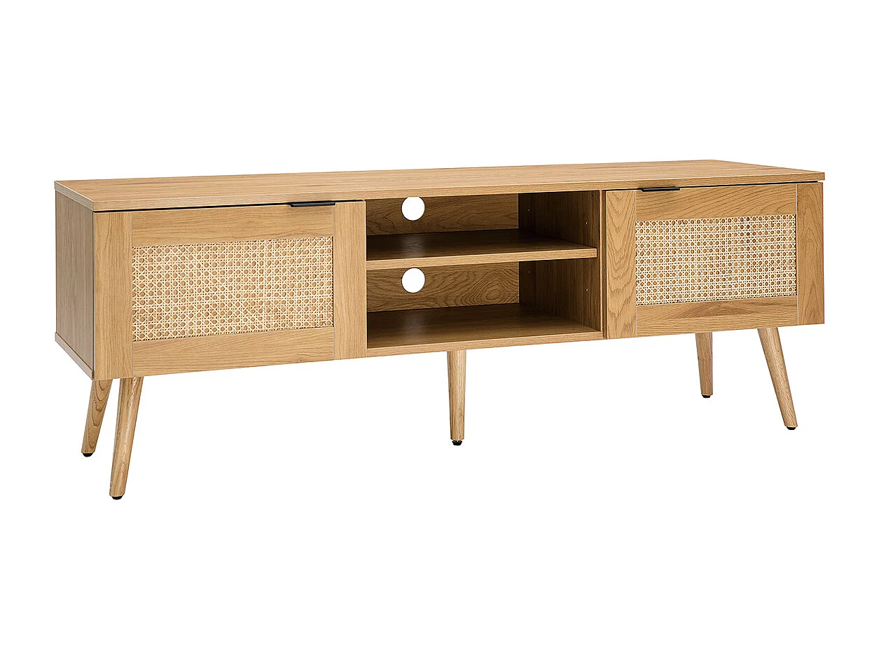 Mueble TV de madera clara, mimbre y metal negro con 2 puertas 140 cm MANILLE