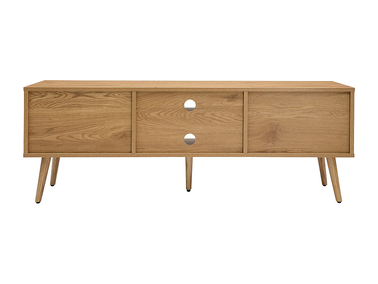 Mueble TV de madera clara, mimbre y metal negro con 2 puertas 140 cm MANILLE