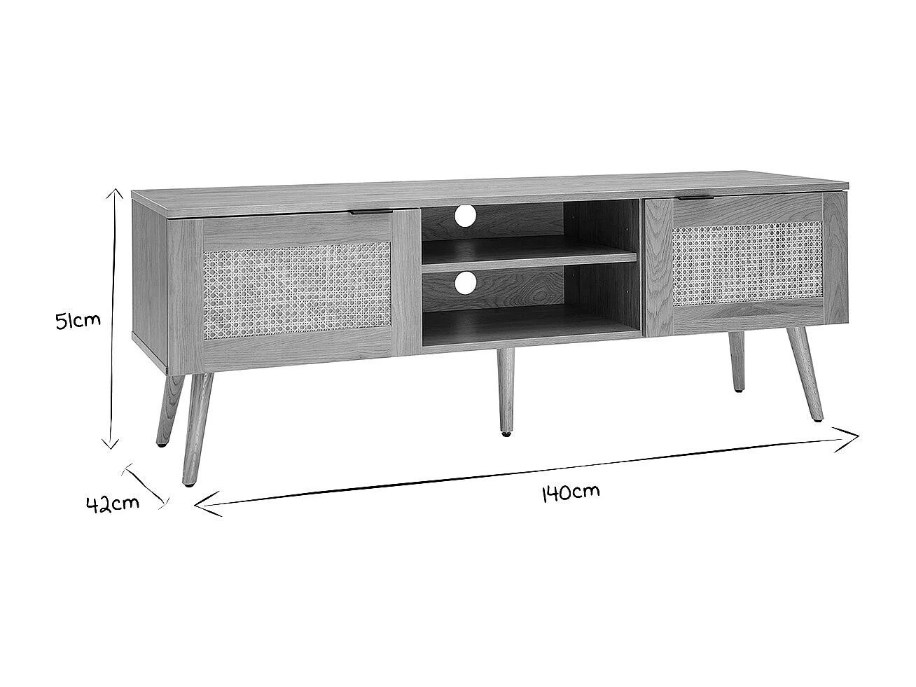 Mueble TV de madera clara, mimbre y metal negro con 2 puertas 140 cm MANILLE