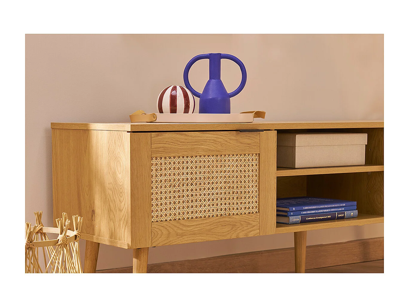 Mobile TV legno chiaro, motivo a intreccio rattan e metallo nero 2 ante L140 cm MANILLE