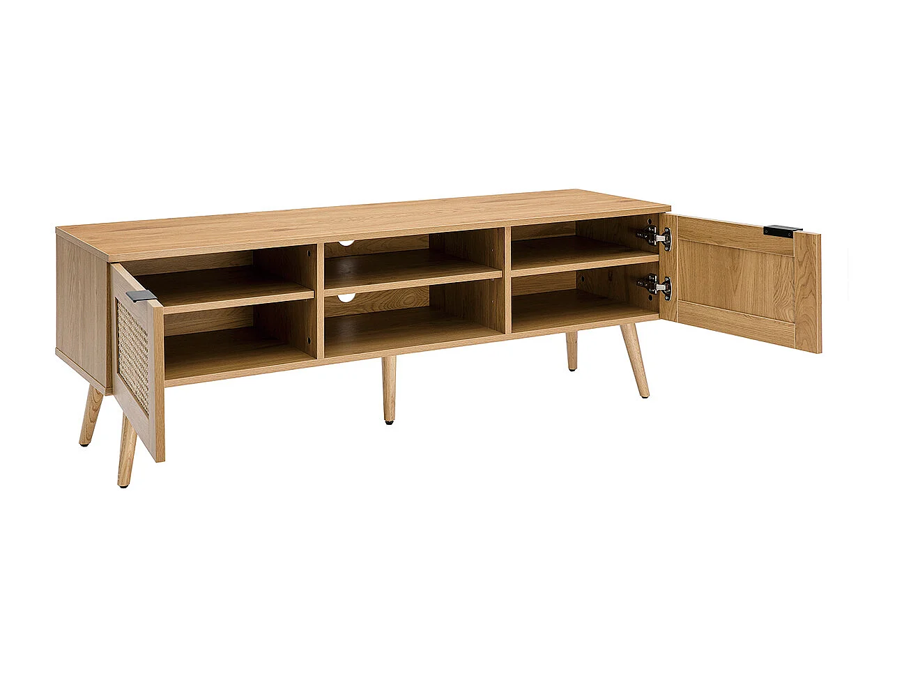 Mobile TV legno chiaro, motivo a intreccio rattan e metallo nero 2 ante L140 cm MANILLE