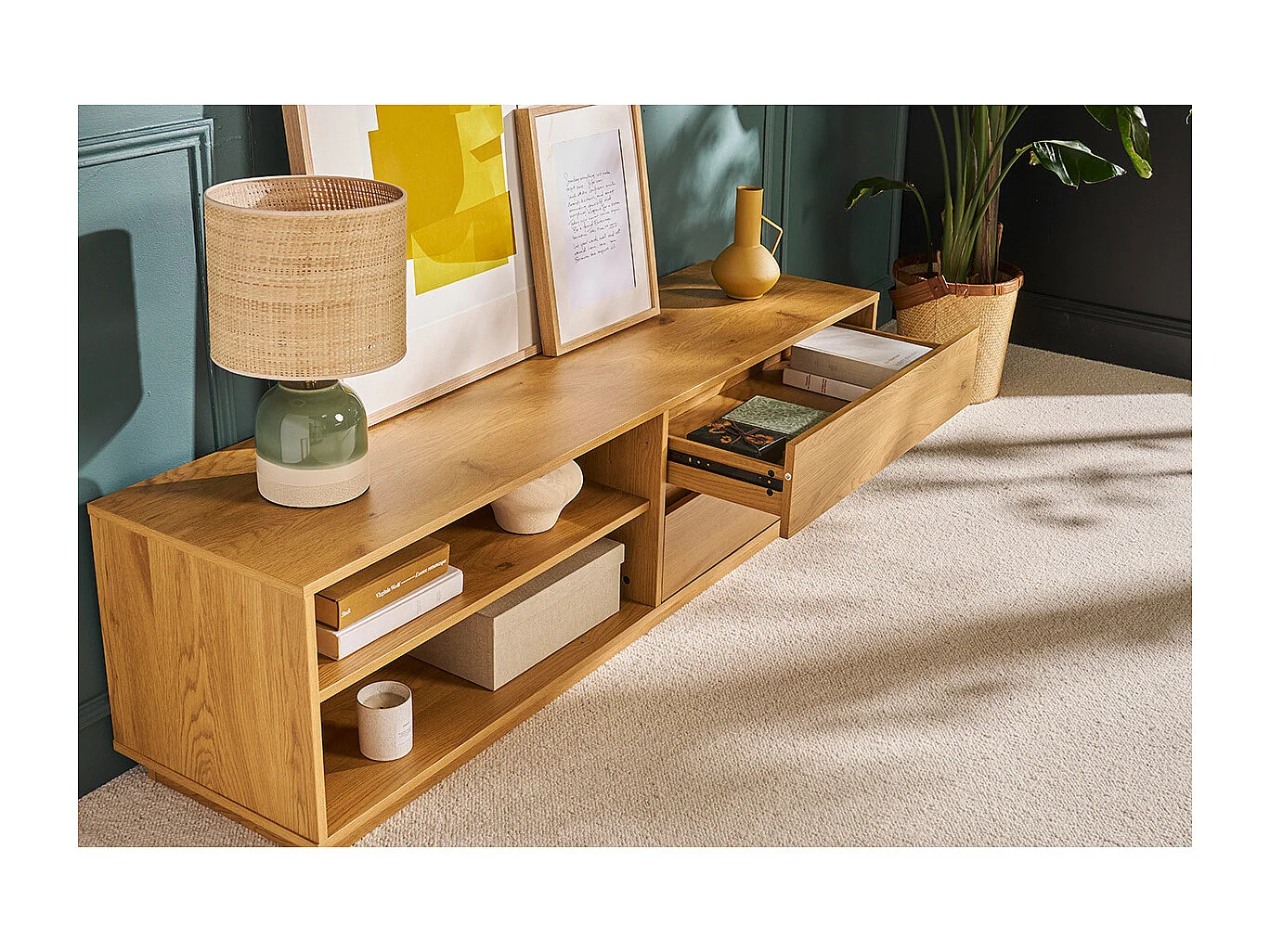 Meuble TV finition bois clair chêne 2 tiroirs L160 cm MADERO