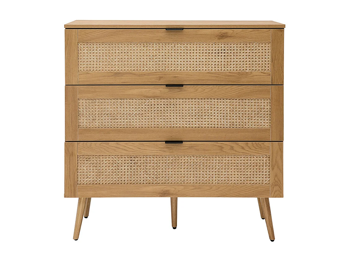 Commode finition bois clair, cannage en rotin et métal noir 3 tiroirs L100 cm MANILLE