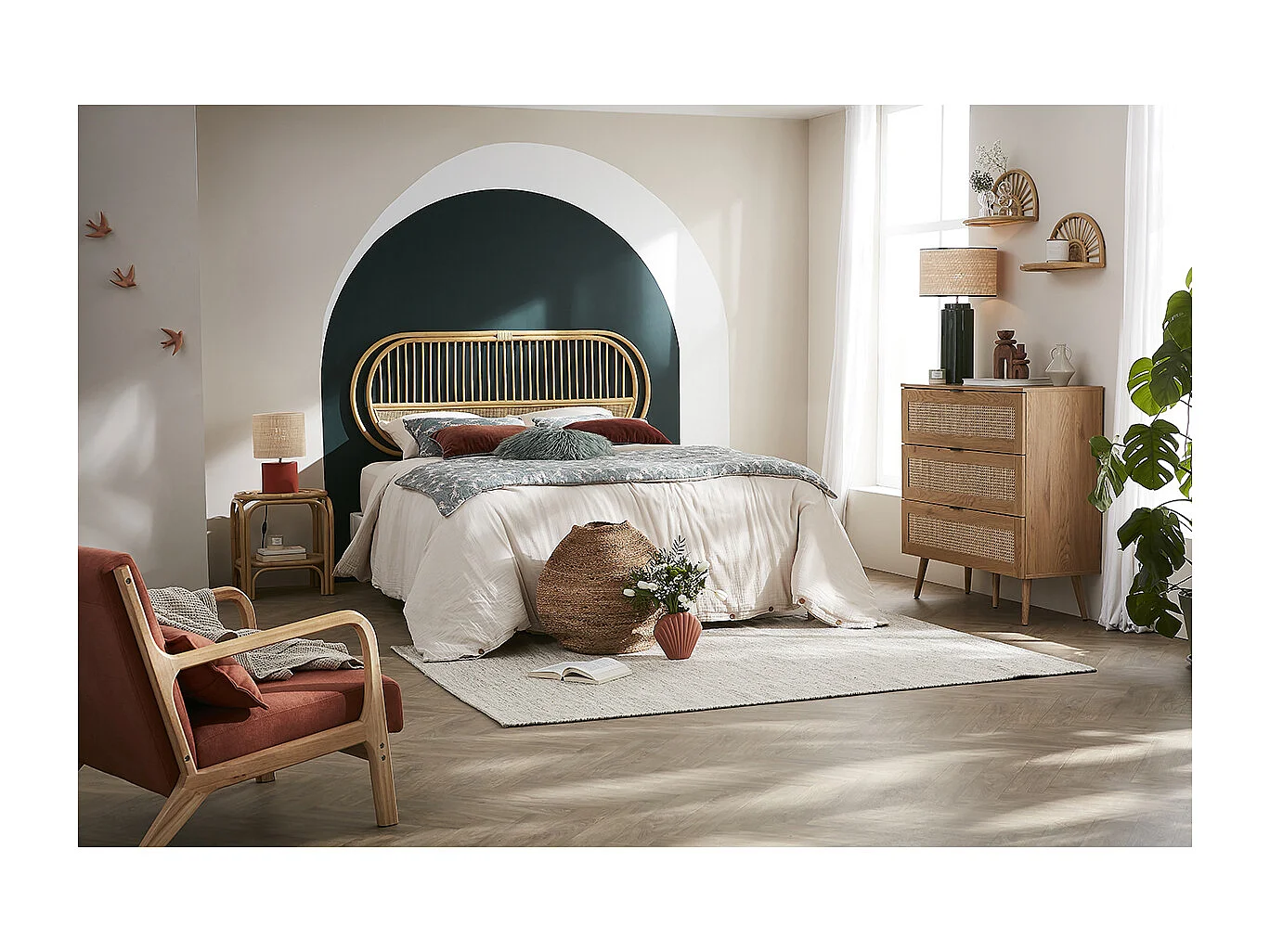 Commode finition bois clair, cannage en rotin et métal noir 3 tiroirs L100 cm MANILLE