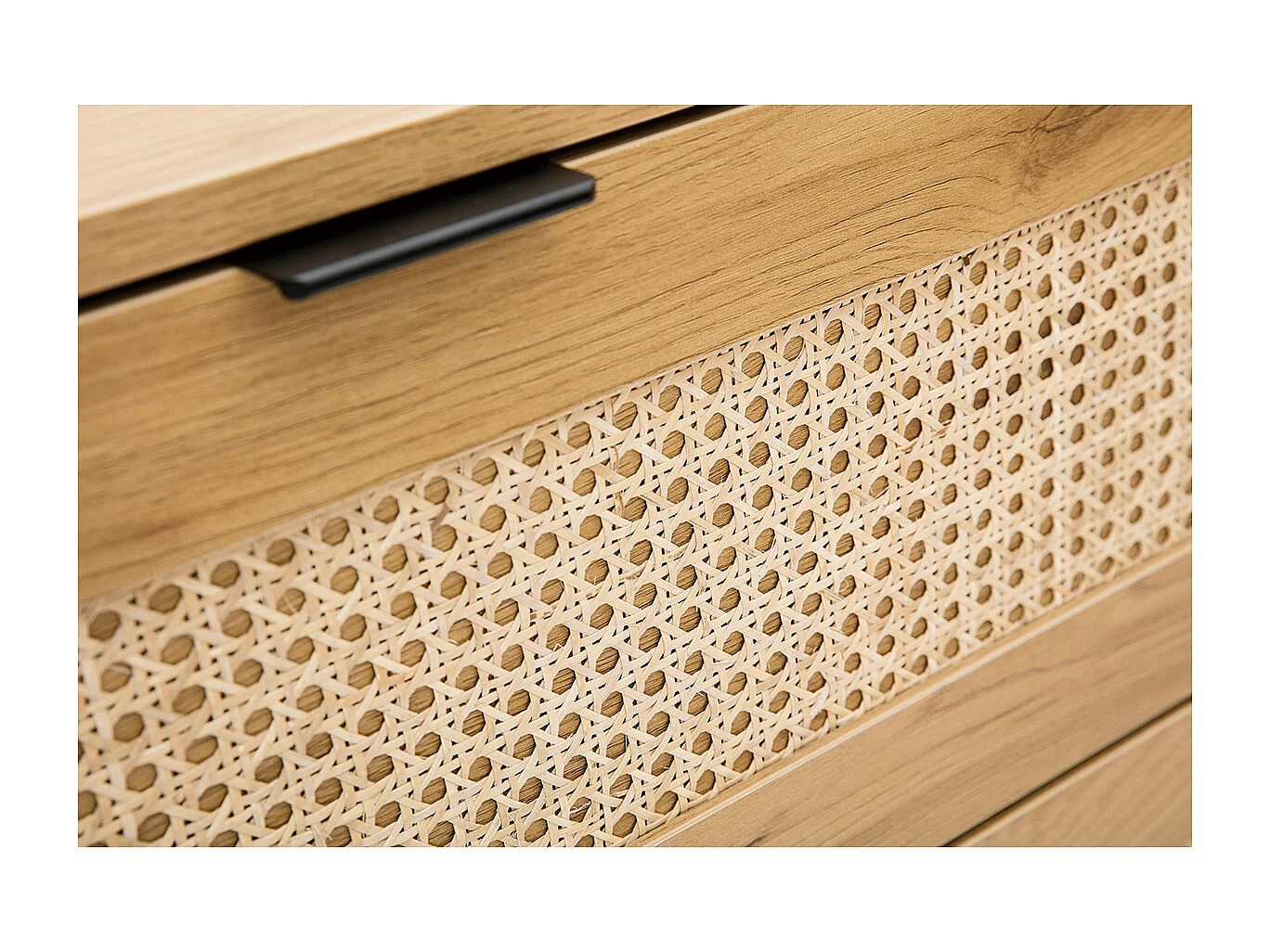 Commode finition bois clair, cannage en rotin et métal noir 3 tiroirs L100 cm MANILLE