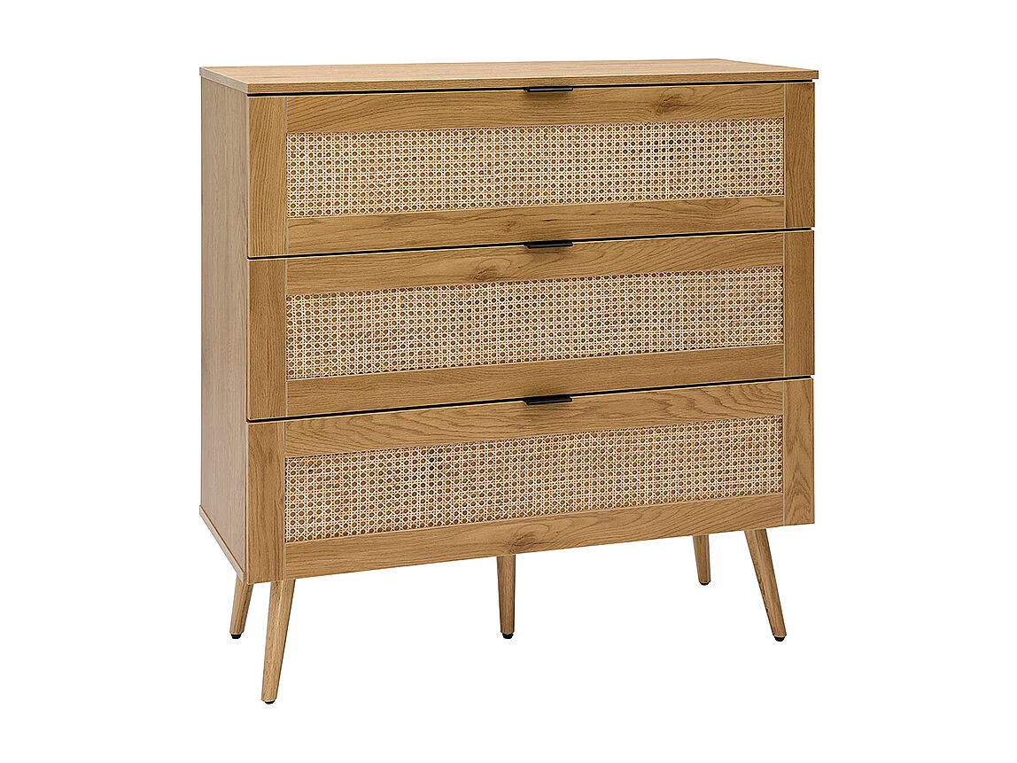 Kommode aus hellem Holz, Rattangeflecht und schwarzem Metall 3 Schubladen L100 cm MANILLE