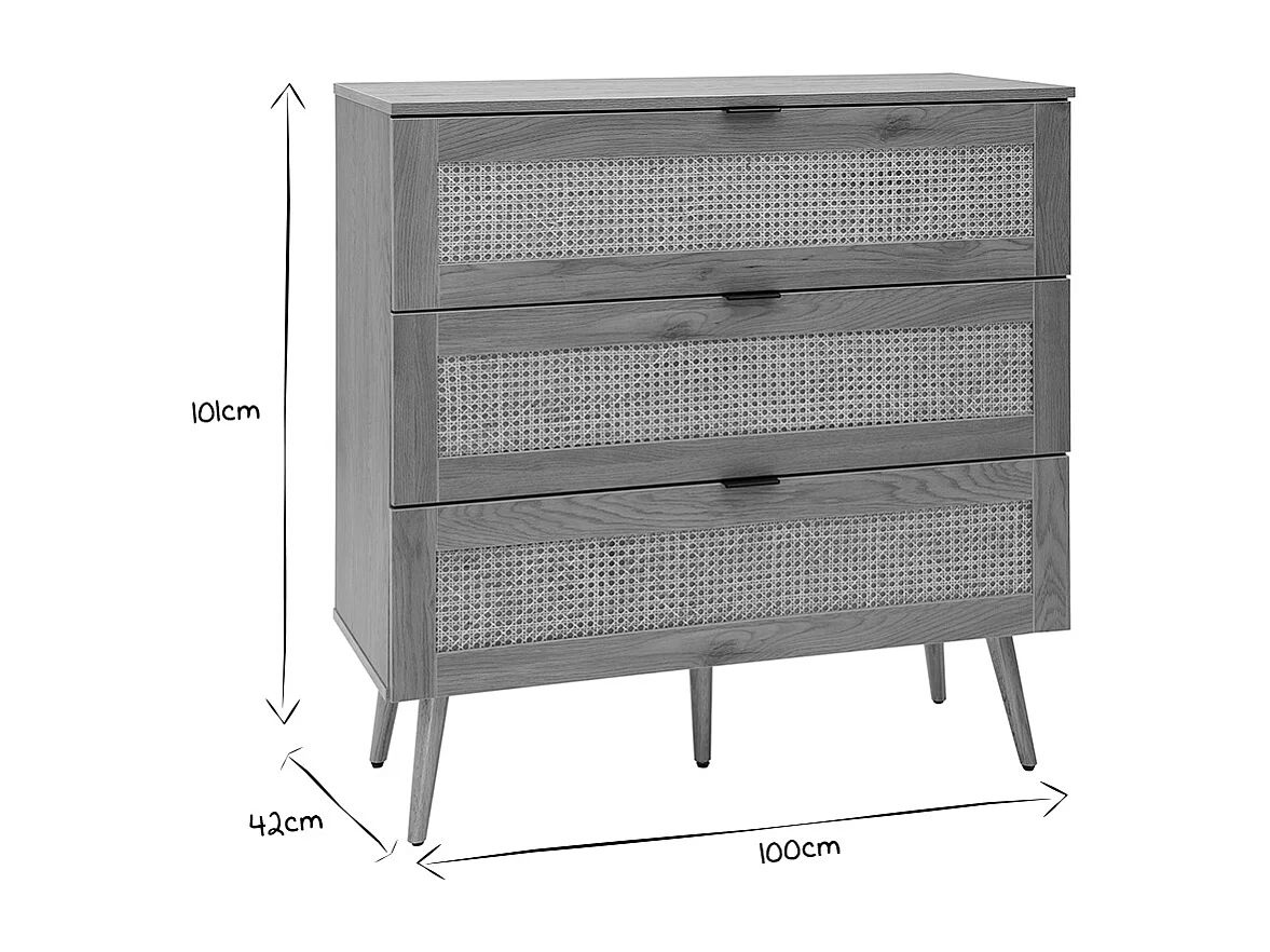 Kommode aus hellem Holz, Rattangeflecht und schwarzem Metall 3 Schubladen L100 cm MANILLE