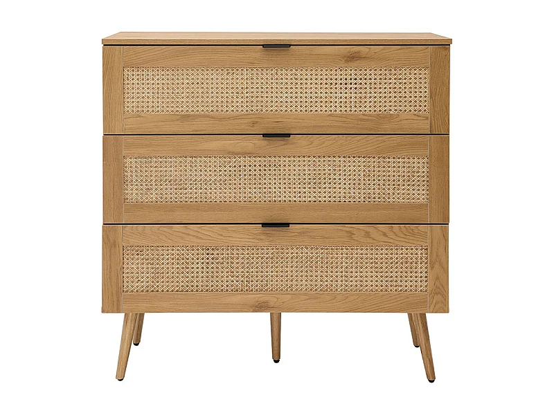 Commode finition bois clair, cannage en rotin et métal noir 3 tiroirs L100 cm MANILLE