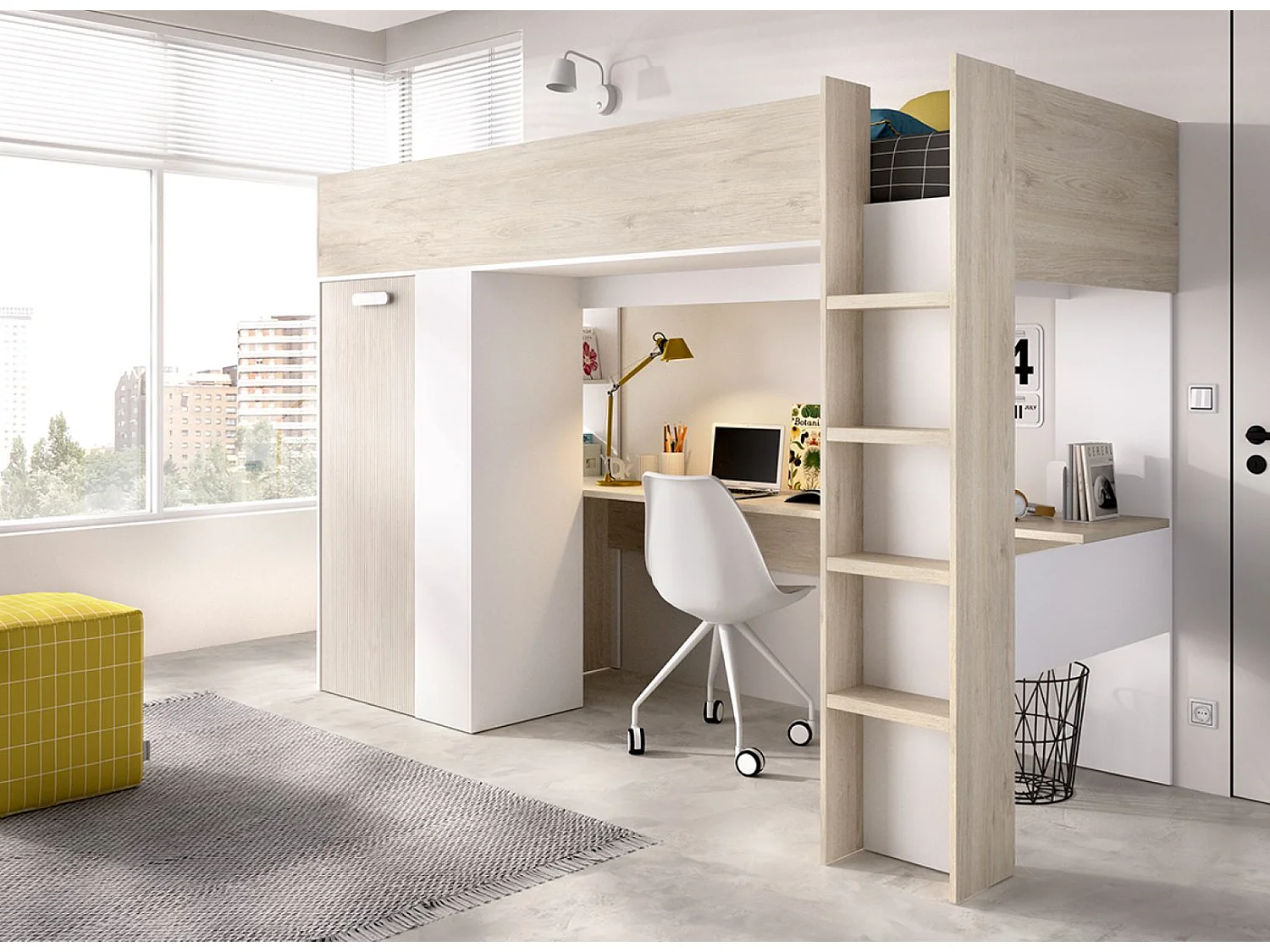 Lit enfant avec bureau et armoire coloris chêne naturel, imitation lamelles, blanc - Longueur 206 x Profondeur 111 x Hauteur 177 cm