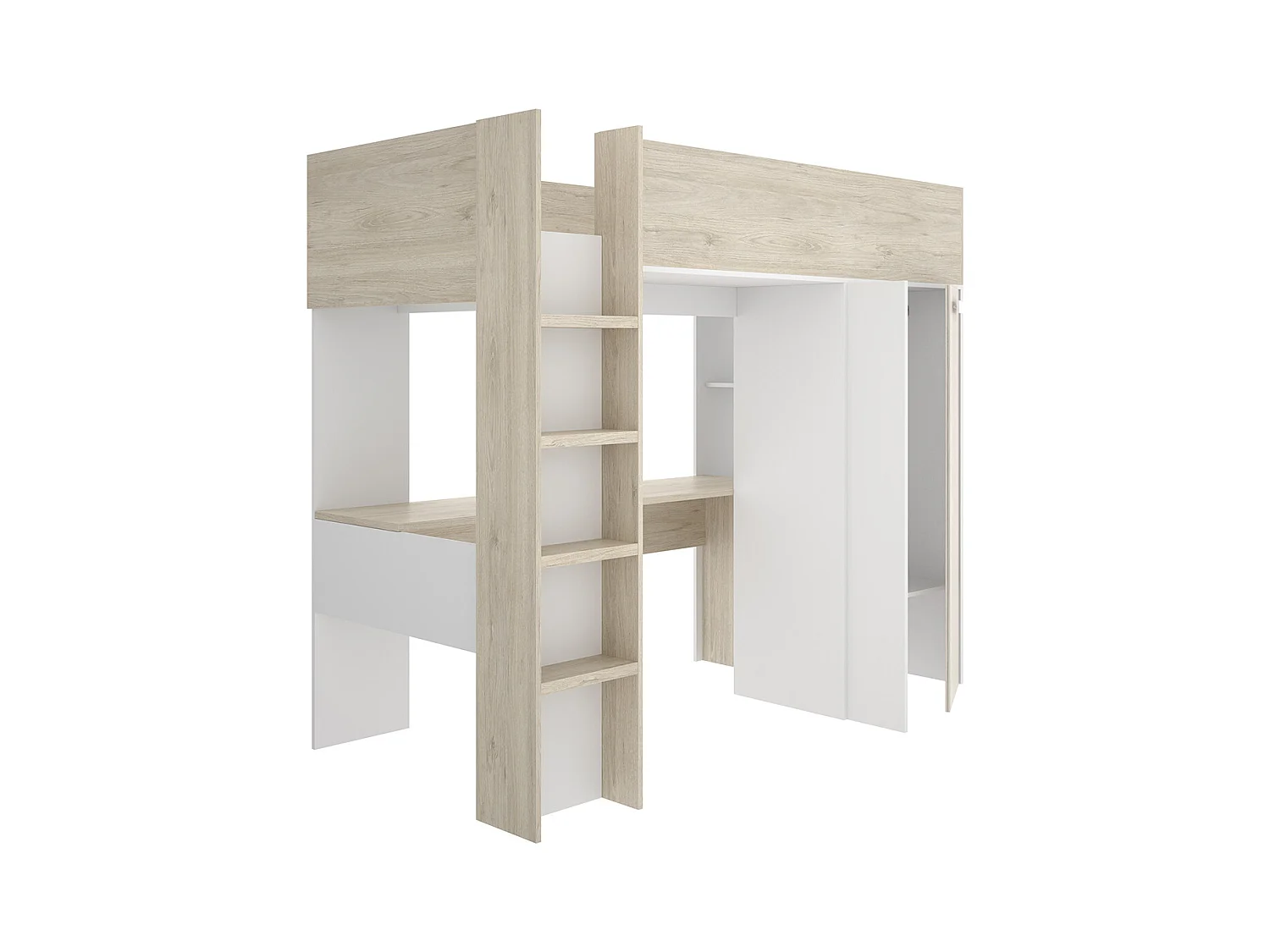 Lit enfant avec bureau et armoire coloris chêne naturel, imitation lamelles, blanc - Longueur 206 x Profondeur 111 x Hauteur 177 cm