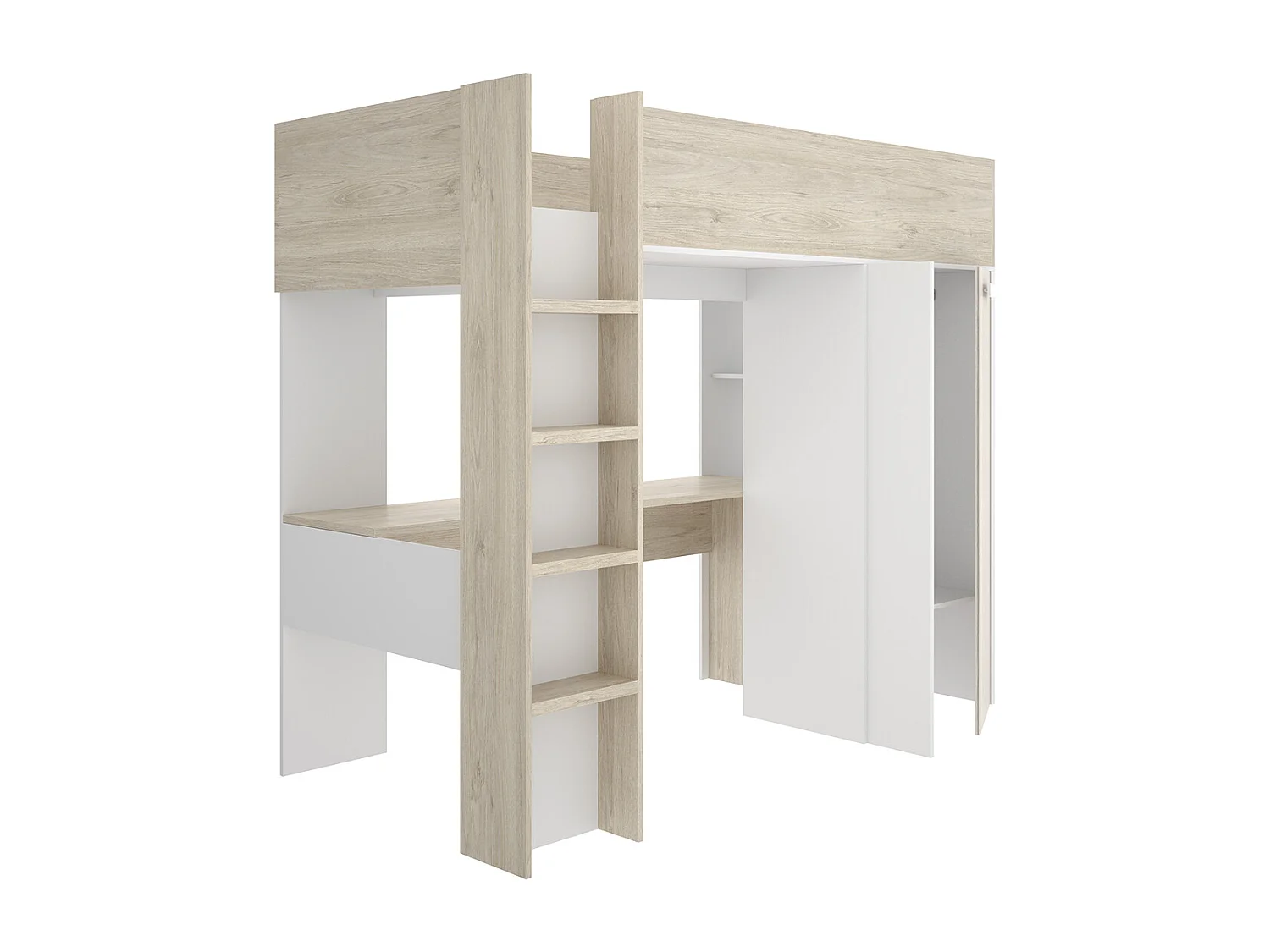 Lit enfant avec bureau et armoire coloris chêne naturel, imitation lamelles, blanc - Longueur 206 x Profondeur 111 x Hauteur 177 cm
