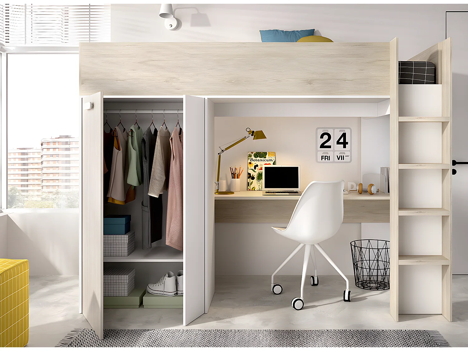 Lit enfant avec bureau et armoire coloris chêne naturel, imitation lamelles, blanc - Longueur 206 x Profondeur 111 x Hauteur 177 cm