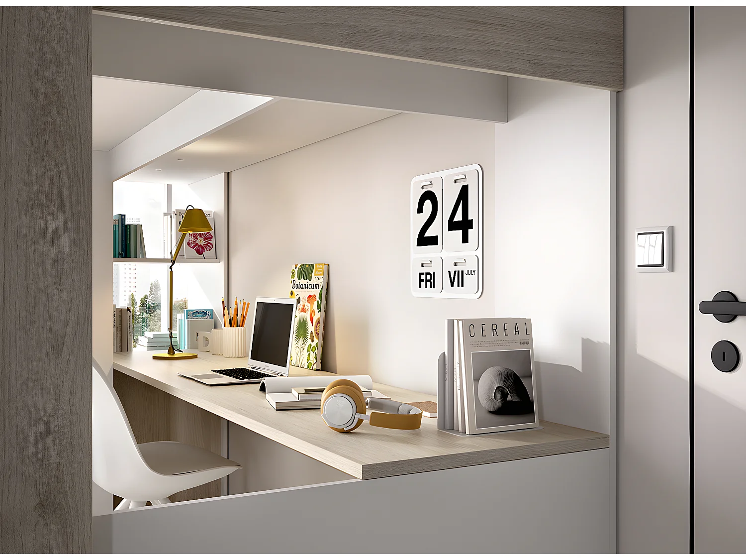 Lit enfant avec bureau et armoire coloris chêne naturel, imitation lamelles, blanc - Longueur 206 x Profondeur 111 x Hauteur 177 cm