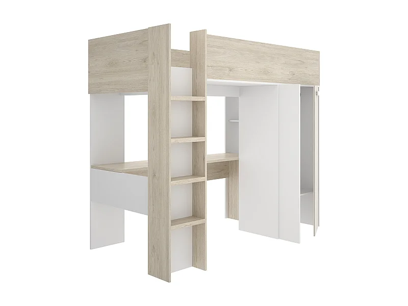 Lit enfant avec bureau et armoire coloris chêne naturel, imitation lamelles, blanc - Longueur 206 x Profondeur 111 x Hauteur 177 cm