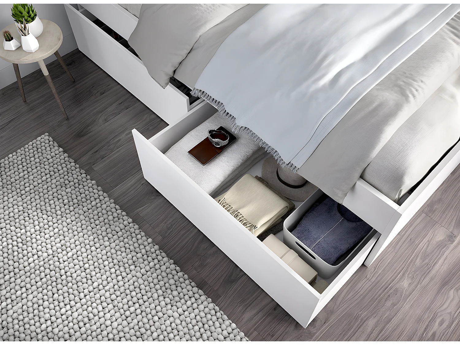 Lit adulte, couchage 140x190 cm avec 4 tiroirs coloris blanc  - Longueur 145 x Profondeur 195 x Hauteur 100 cm