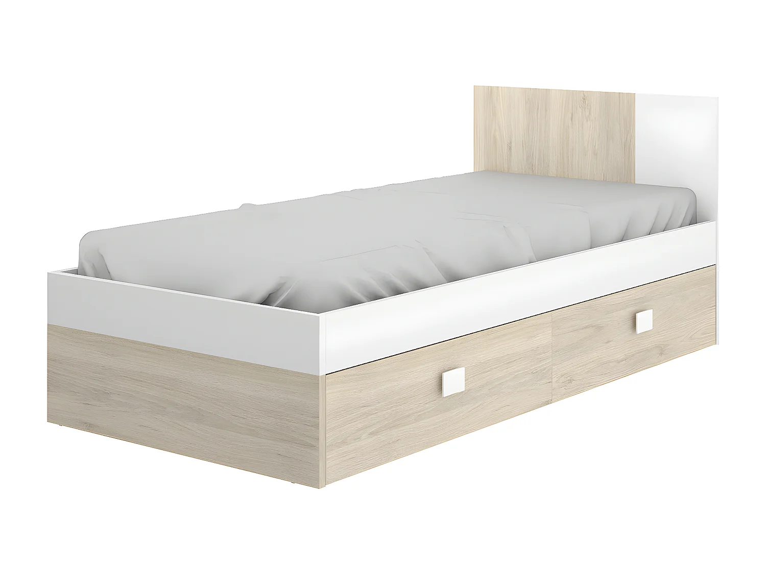 Lit pour enfant coloris blanc, chêne naturel avec 2 tiroirs - Longueur 196 x Profondeur 97 x Hauteur 79 cm