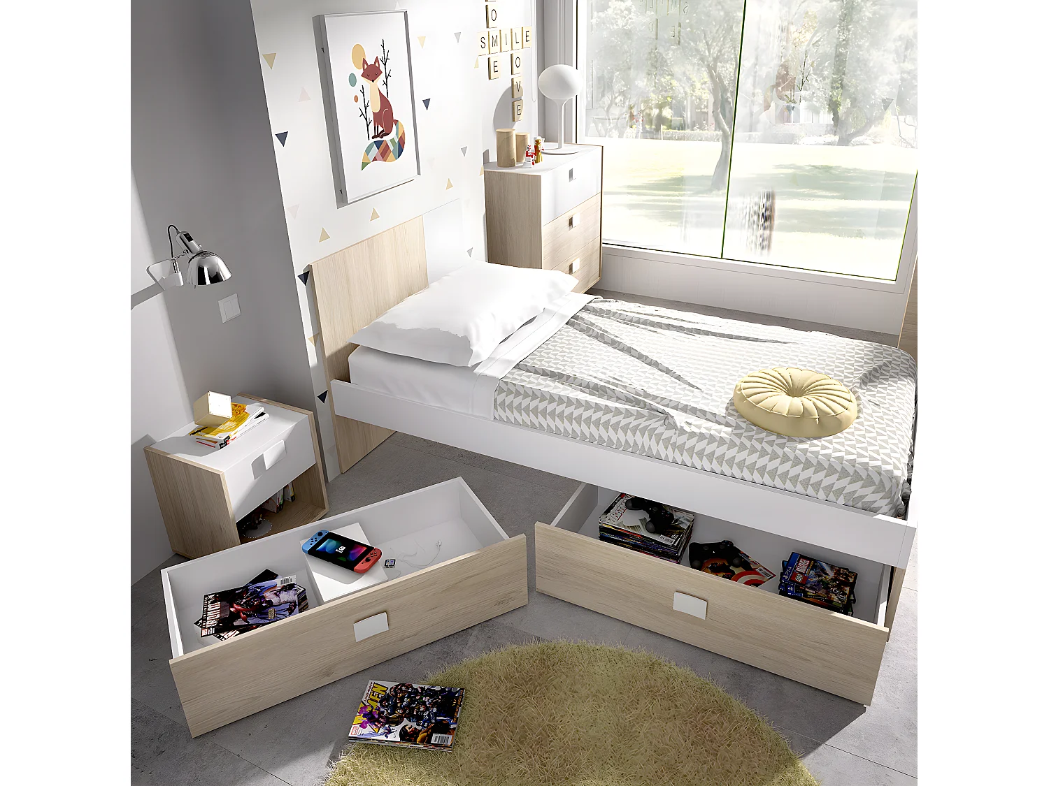 Lit pour enfant coloris blanc, chêne naturel avec 2 tiroirs - Longueur 196 x Profondeur 97 x Hauteur 79 cm