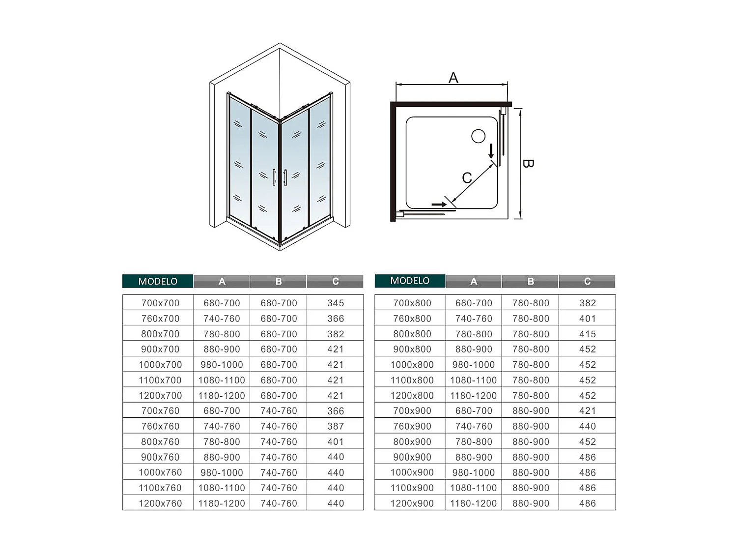 Cabine de duche quadrada correr Perfil preto mate Vidro Anticalcário 6mm (680-700)x(680-700)x1900mm-AICA
