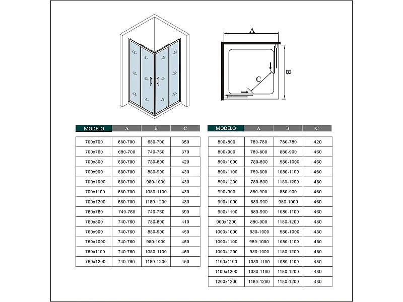 AICA Mampara de ducha rectangular corredera+plato de ducha perfil blanco,1000x800x1850mm