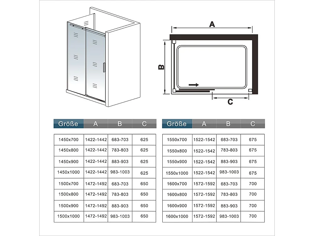 AICA Mampara de ducha corredera+panel lateral,vidrio antical 8mm (1422-1442)x(680-703)x1950mm