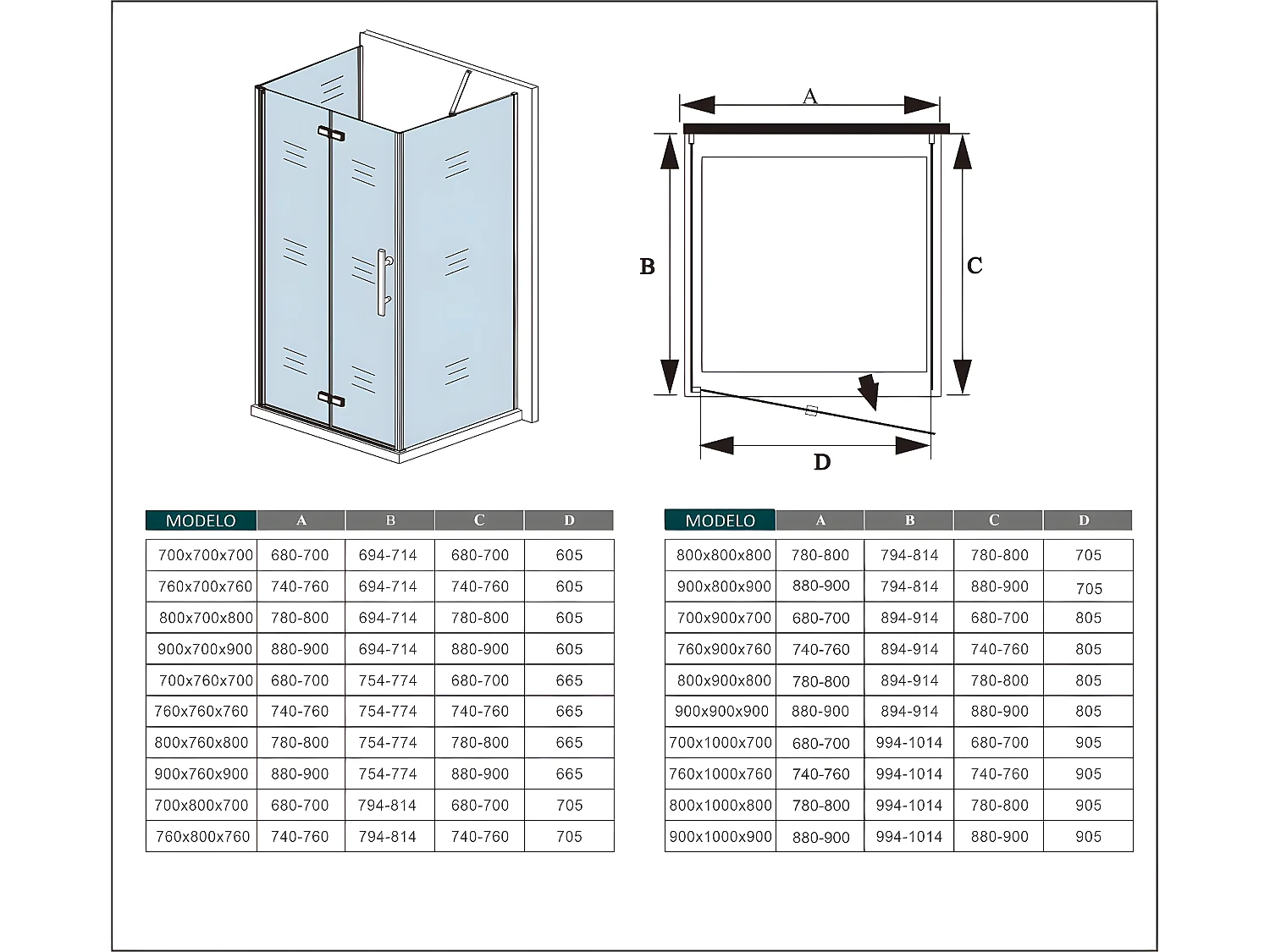 AICA Mampara de ducha plegable 2 hojas+paneles laterales,vidrio antical 6mm 90x110x90x195cm