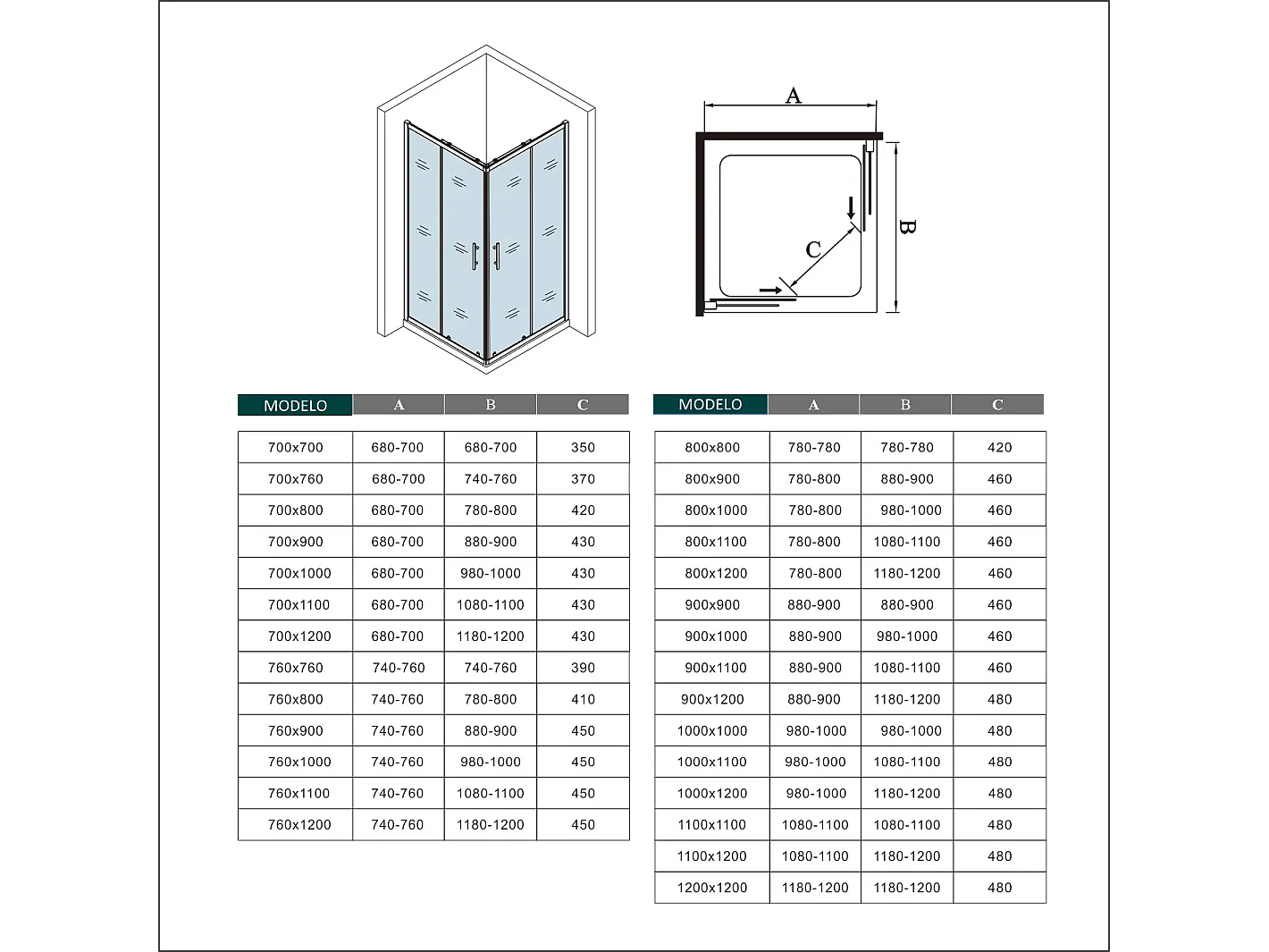 Cabine de duche rectangular correr com Base de duche Perfil cinza fosco Vidro temperado 5mm (980-1000)x(680-700)x1850mm-AICA