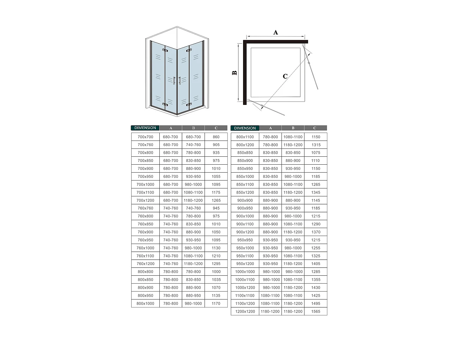 AICA Mampara de ducha rectangular angular plegable 6mm antical,(740-760)x(830-850)x1950mm
