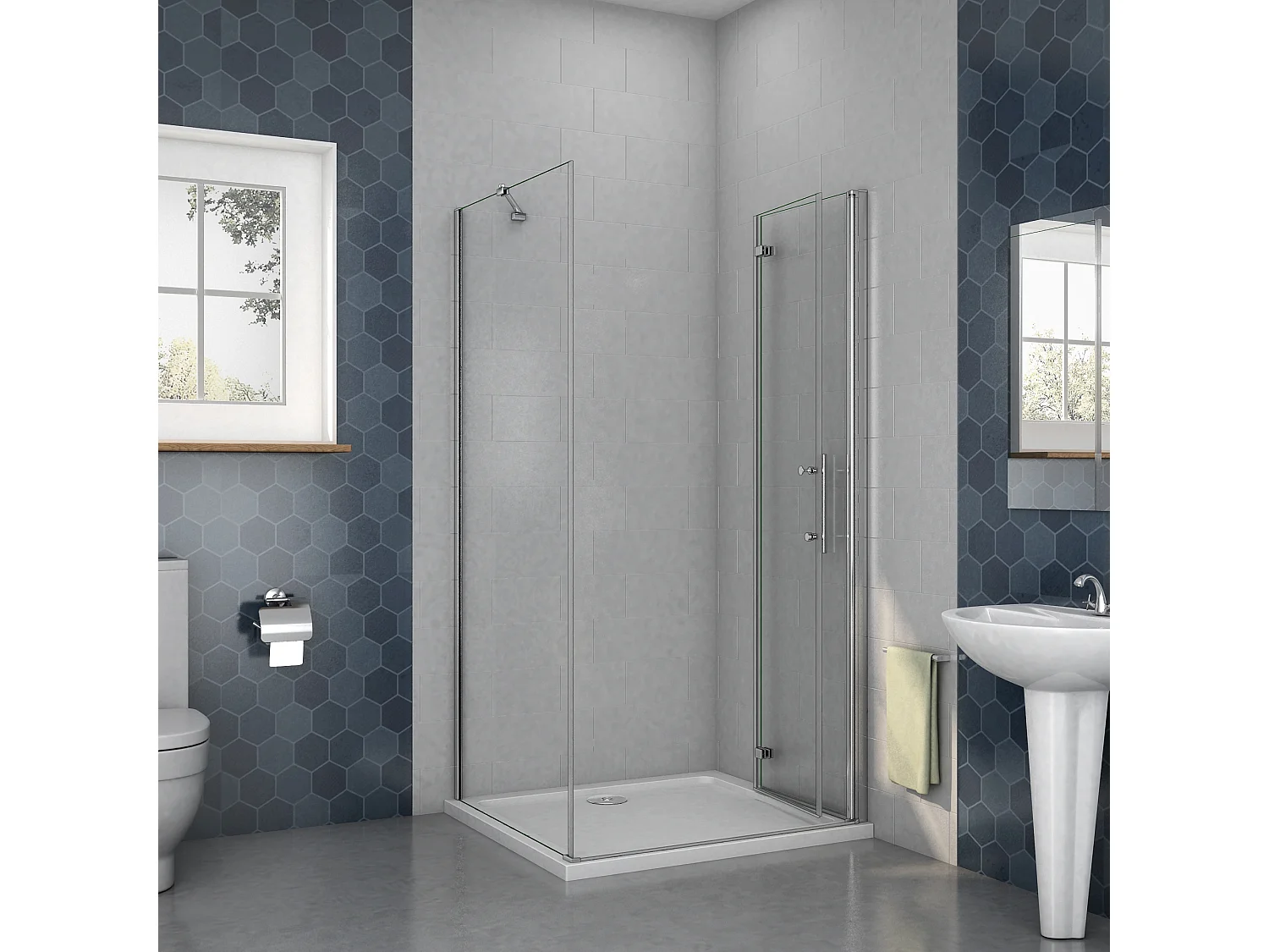 AICA Mampara de ducha plegable+panel lateral,barra 45cm,cromado,vidrio antical 6mm,110x70x185cm