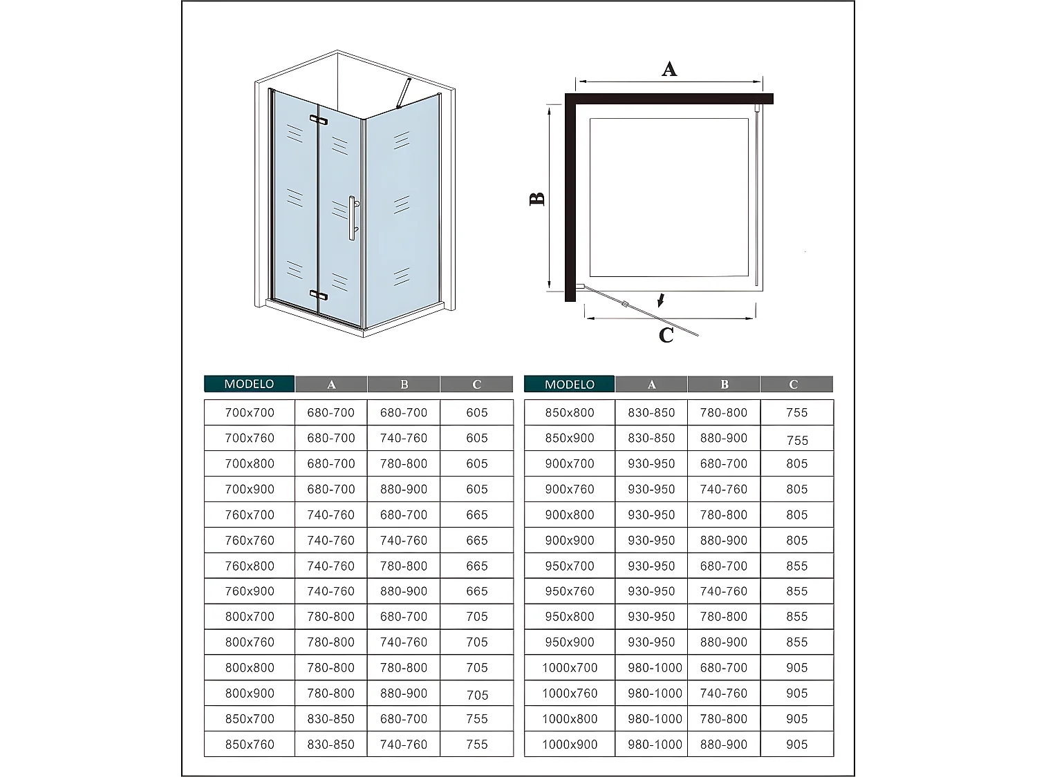 AICA Mampara de ducha plegable+panel lateral,barra 45cm,vidrio antical 6mm,900x760x1950mm