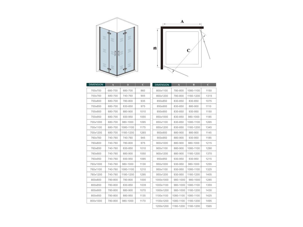 Cabine de duche rectangular Fole 6mm Anticalcário Tamanho:(880-900)x(980-1000)x1950mm + Base de duche 100x90x3cm + Acessórios de drenagem-AICA