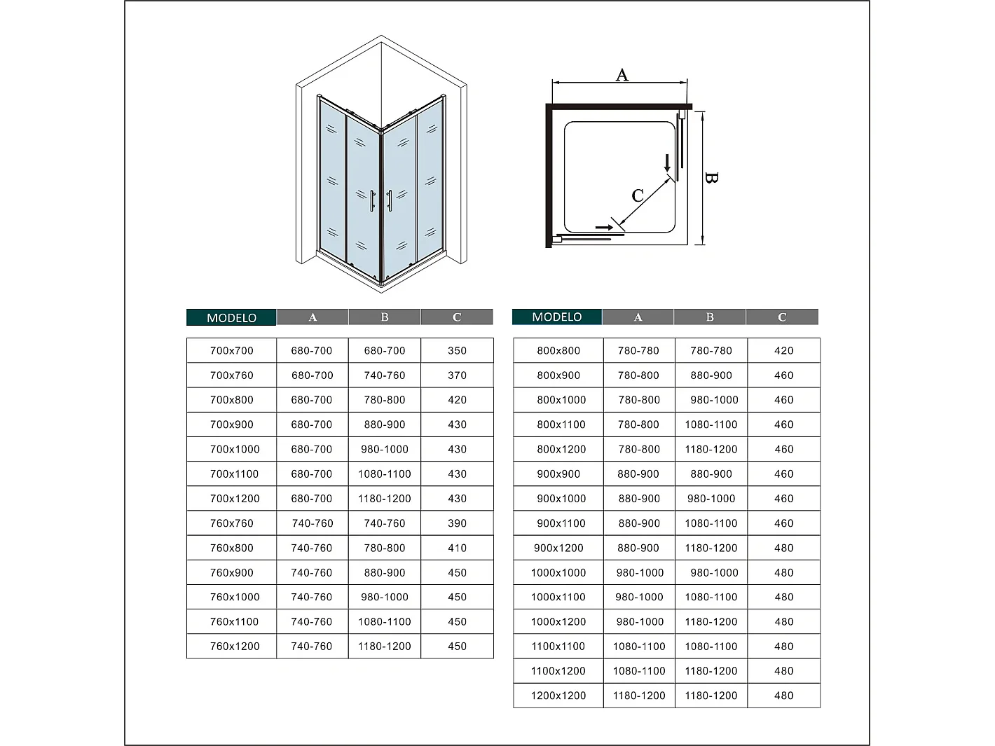 Cabine de duche rectangular correr com Base de duche Perfil cinza fosco Vidro temperado 5mm (880-900)x(680-700)x1850mm-AICA