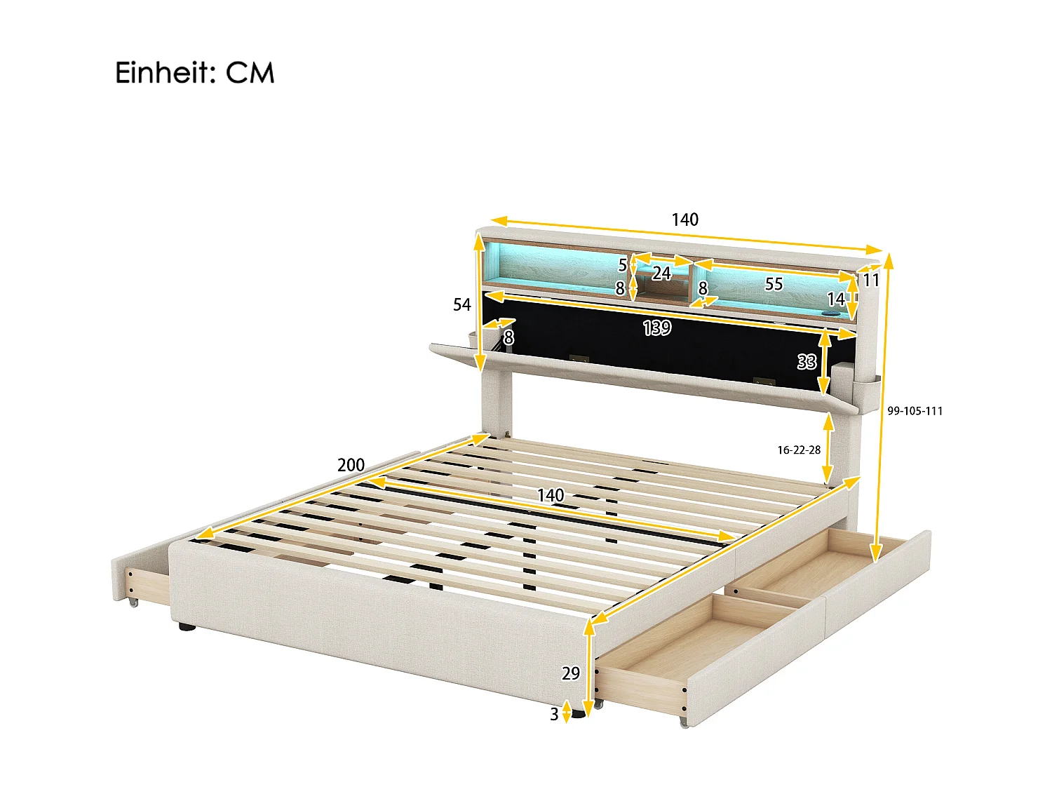 Lit adulte 140 x 200 cm, lin beige, Lit double avec chargement USB et éclairage LED, 4 tiroirs, sans matelas