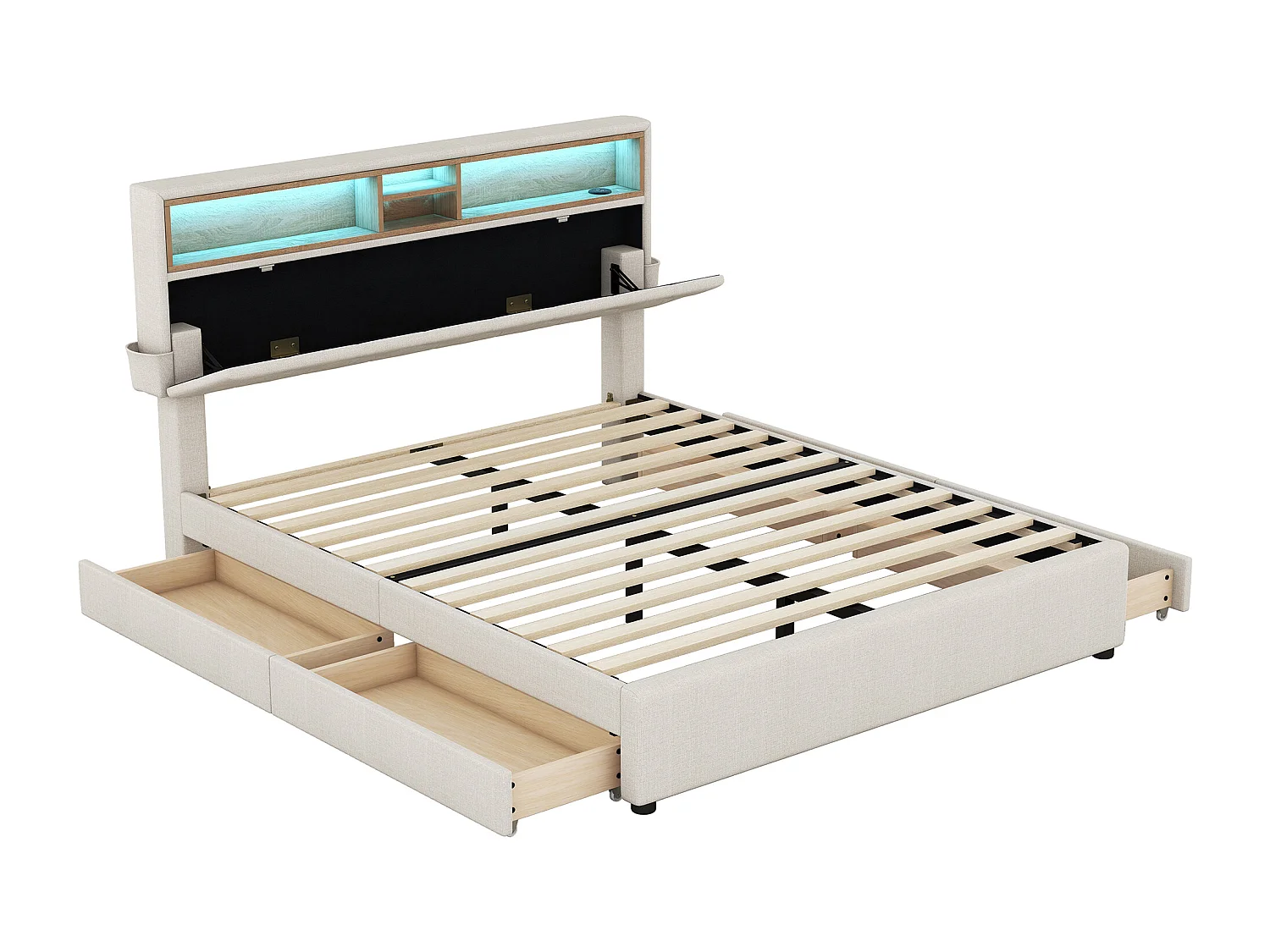 Lit adulte 140 x 200 cm, lin beige, Lit double avec chargement USB et éclairage LED, 4 tiroirs, sans matelas
