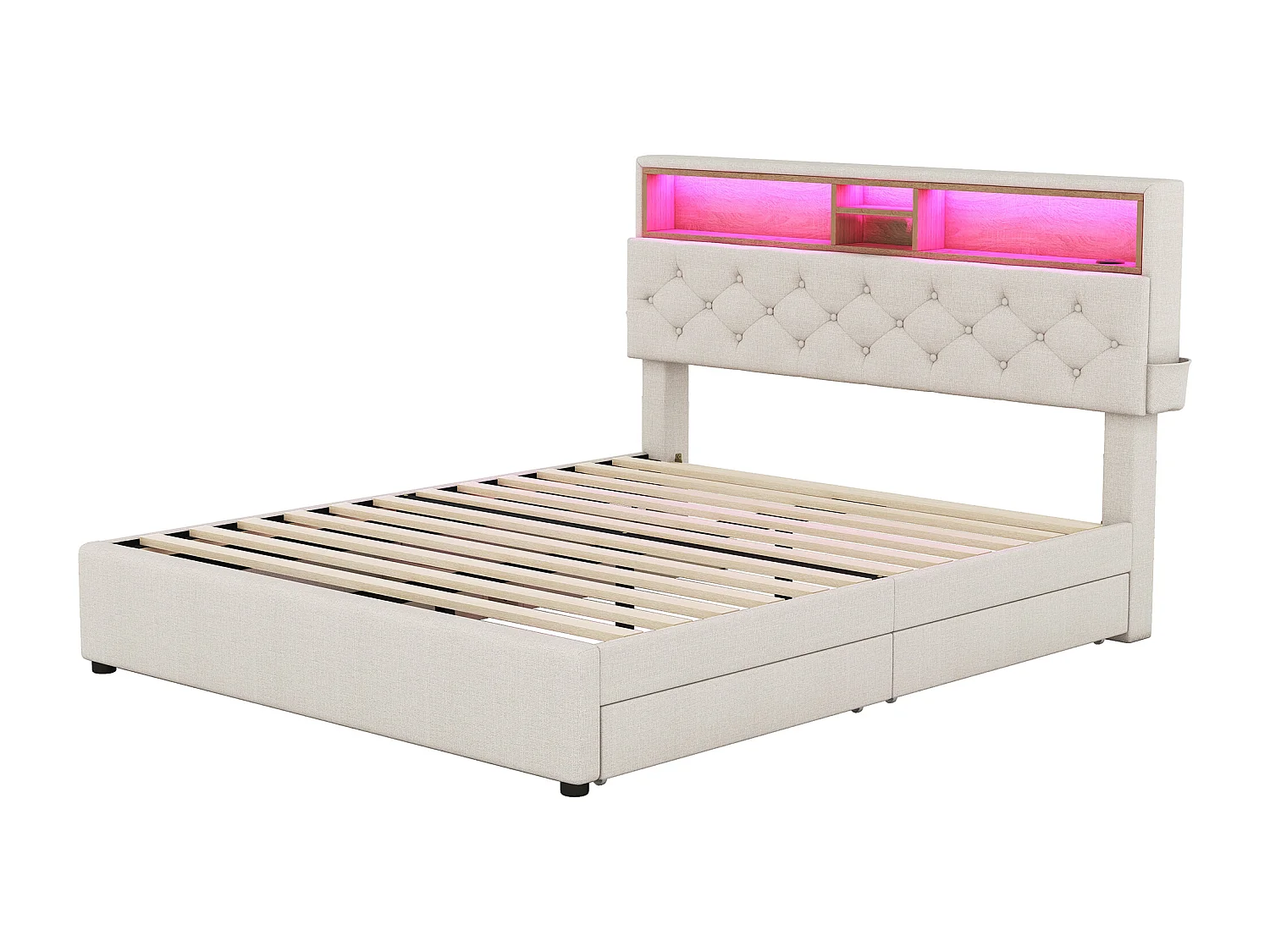 Lit adulte 140 x 200 cm, lin beige, Lit double avec chargement USB et éclairage LED, 4 tiroirs, sans matelas