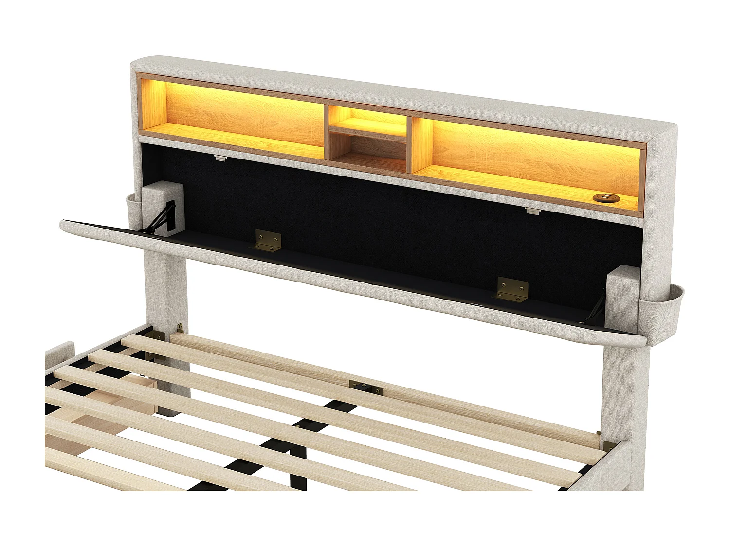 Lit adulte 140 x 200 cm, lin beige, Lit double avec chargement USB et éclairage LED, 4 tiroirs, sans matelas