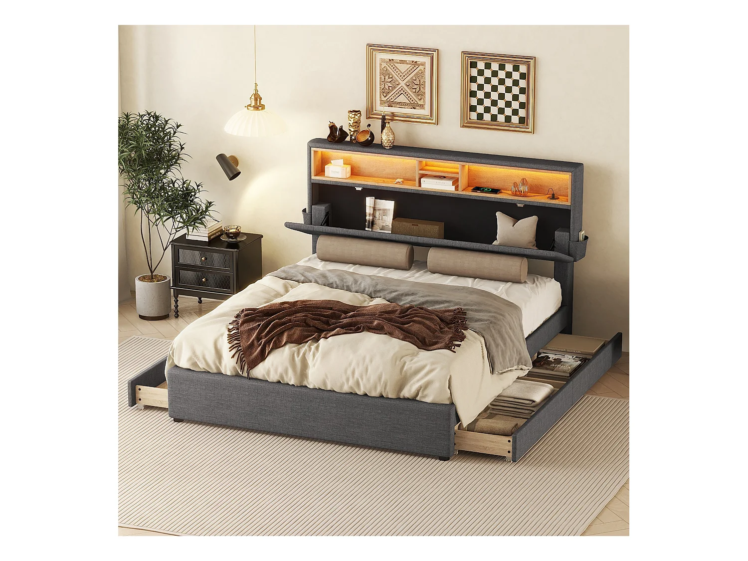 Lit adulte 140 x 200 cm, lin gris, Lit double avec chargement USB et éclairage LED, 4 tiroirs, sans matelas