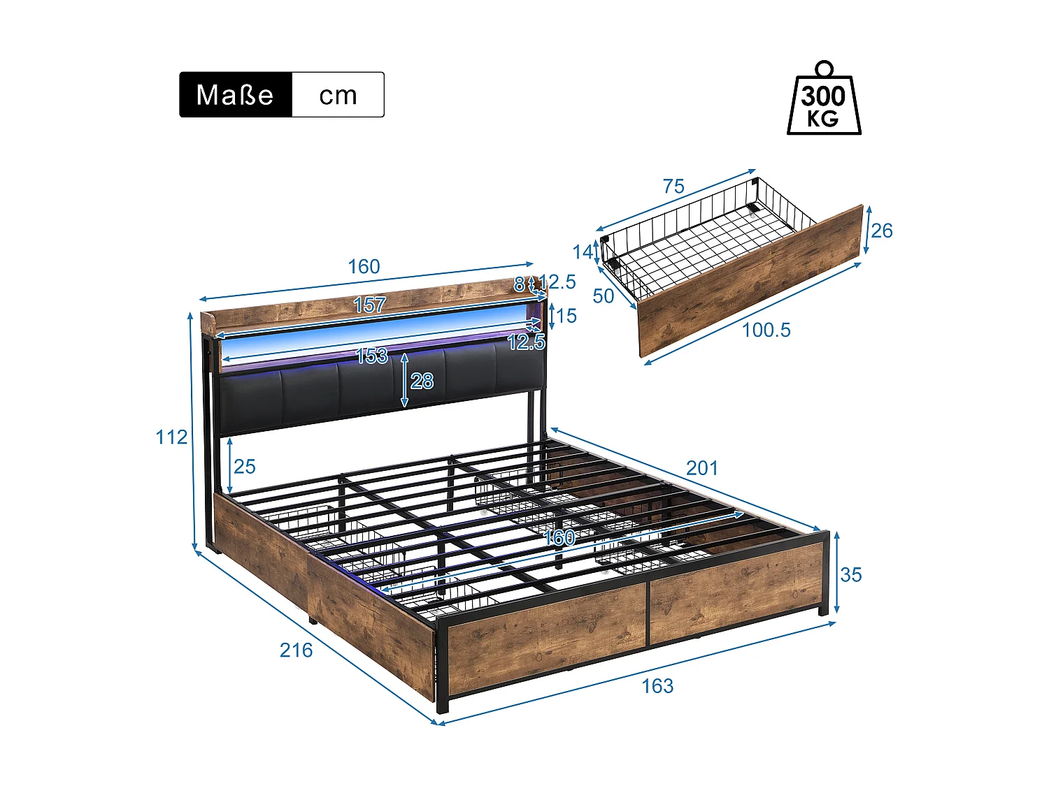 Lit avec tiroirs Lit capitonné 160x200 en PU avec 4 tiroirs et USB, fonction rangement - Noir