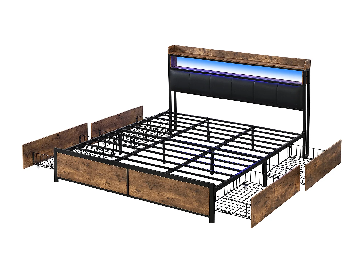 Lit avec tiroirs Lit capitonné 160x200 en PU avec 4 tiroirs et USB, fonction rangement - ​​Noir