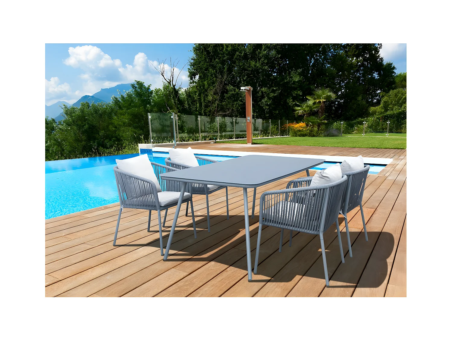 Tuinset "Léna" voor 4 personen met 4 stoelen en afneembare kussens in grijs aluminium