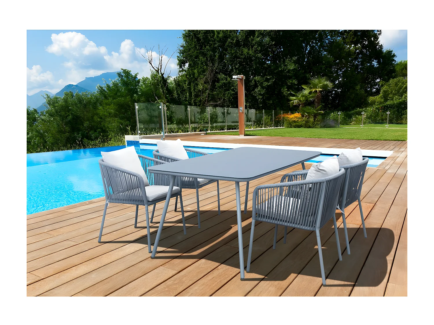 Tuinset "Léna" voor 4 personen met 4 stoelen en afneembare kussens in grijs aluminium