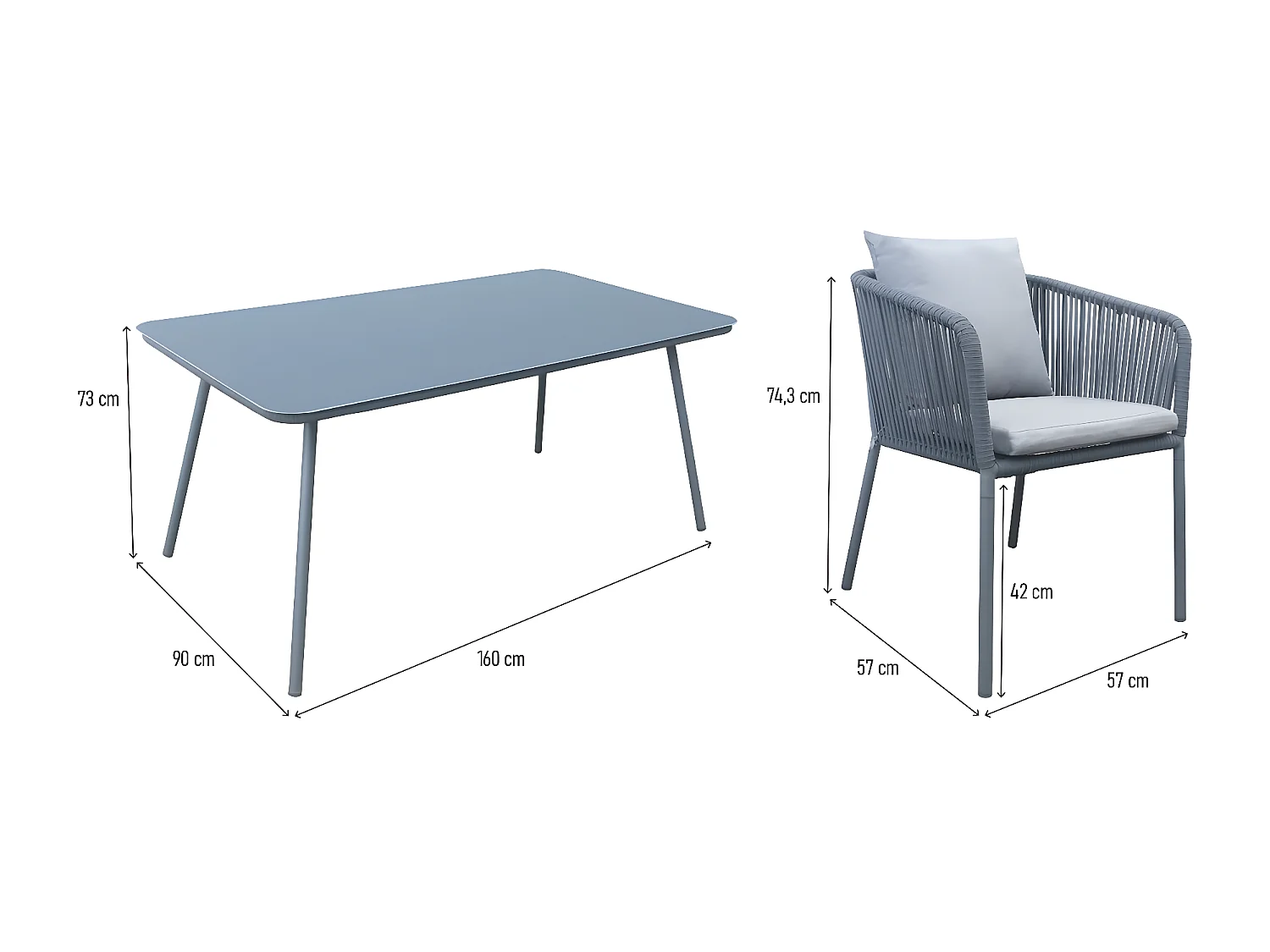 Tuinset "Léna" voor 4 personen met 4 stoelen en afneembare kussens in grijs aluminium