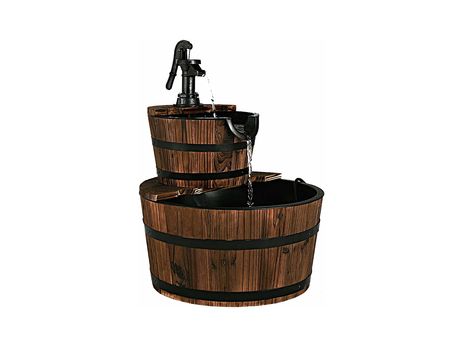 Fontaine en Cascade 2 Etages Puit Décoration de Jardin/Cour avec Pompe, Ecoulement d’Eau Ajustable en Bois de Sapin de Style Rustique Capacité: 19 L, Circuit Fermé Résistant aux Intempéries