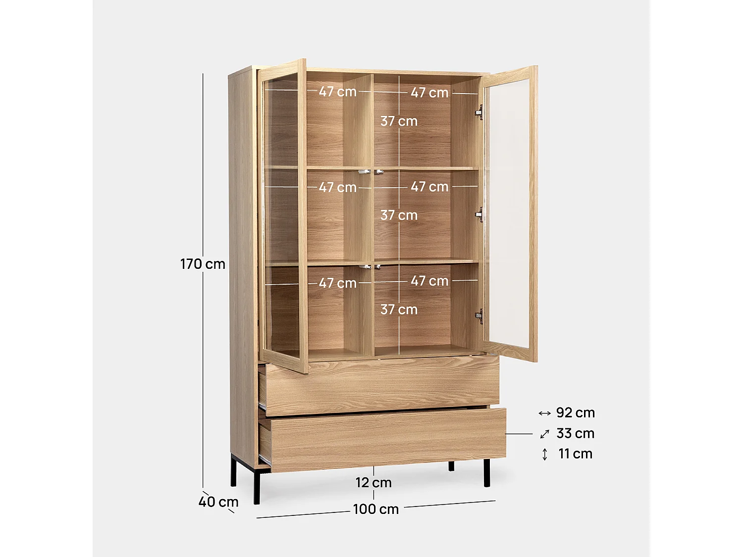 Vitrine double en bois naturel 100x170 cm-Remi