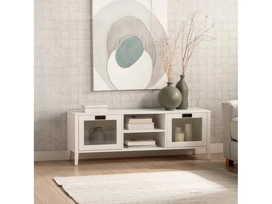 Meuble TV en laqué blanc 140x50 cm-Edan