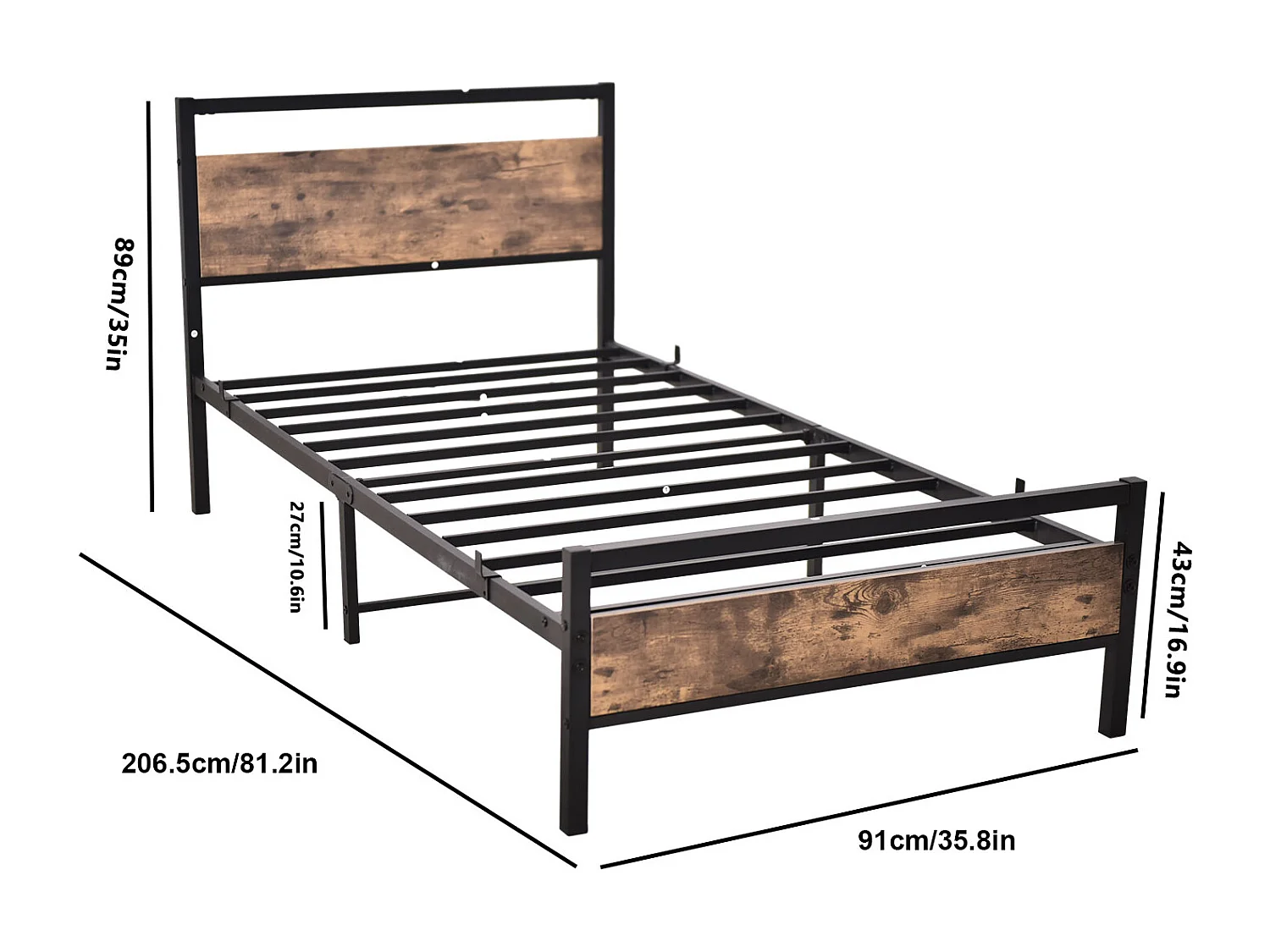 Lit simple 90x200 cm Cadre de lit en métal et bois - Noir