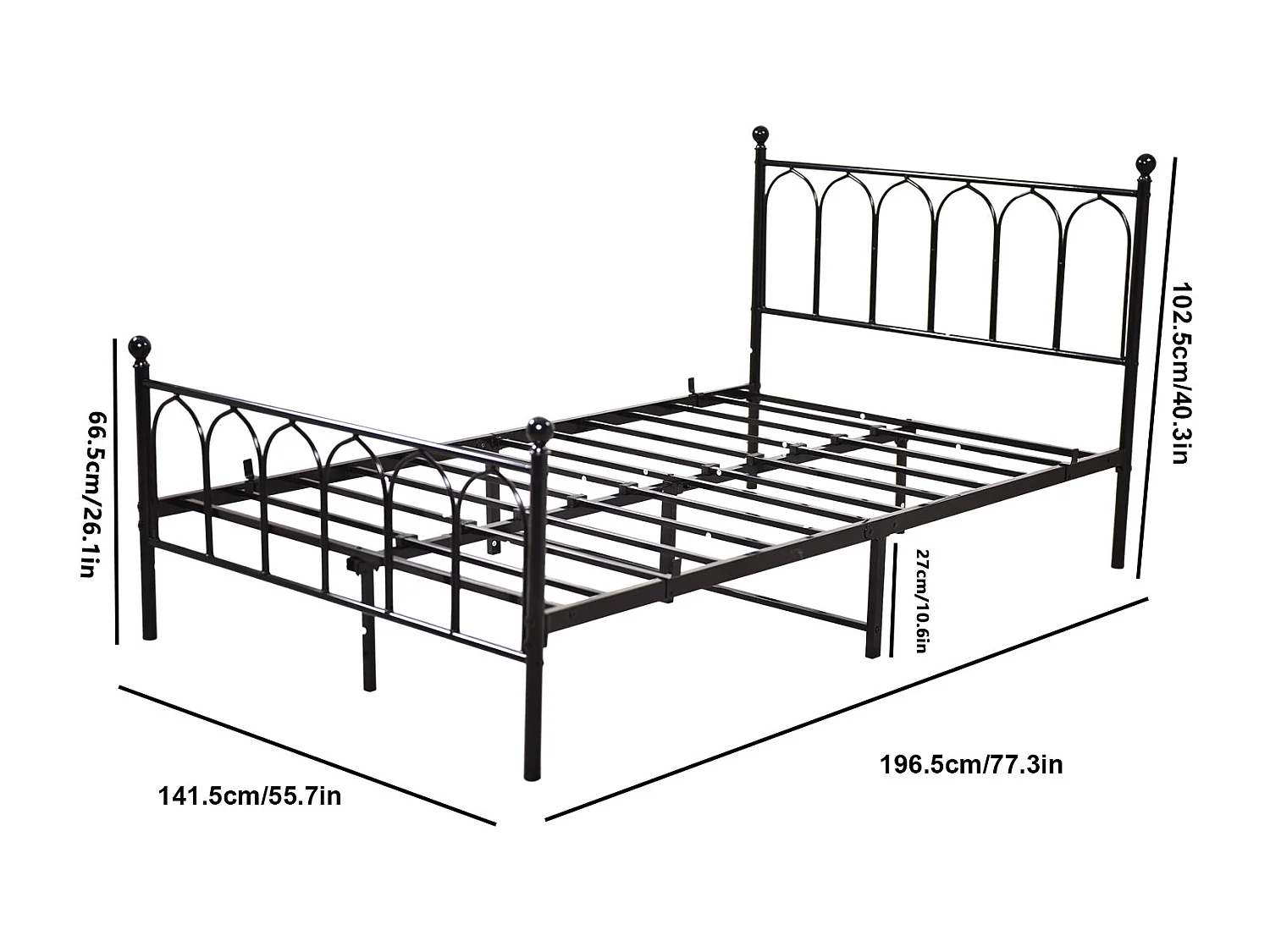 Lit adulte 140 x 190 cm Lit simple avec sommier à lattes, cadre métallique - noir (sans matelas)