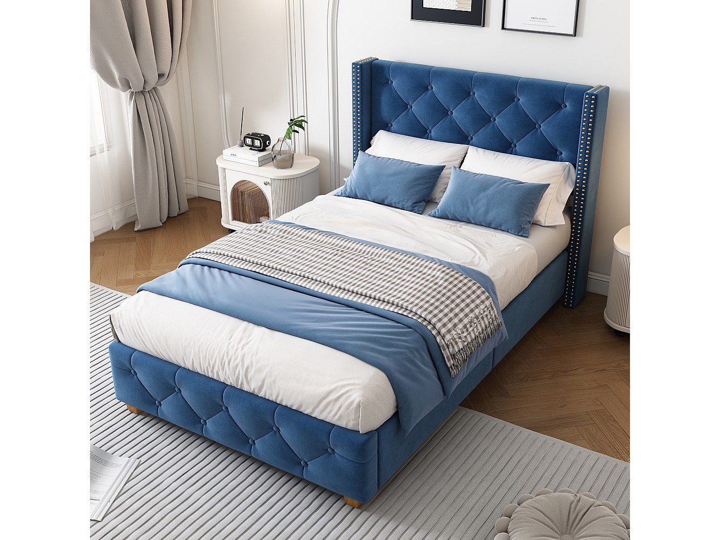 Cama Individual Tapizada 90x200 Cm Con Cabecero Acolchado - Somier De Lamas, Almacenaje Inferior Y Montaje Fácil